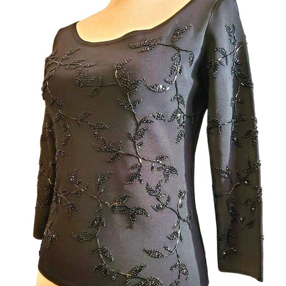 Sandra Darren Knit Top Size S Black Beaded Stretch Fabric 3/4 Sleeve Chic NEW - Picture 1 of 11